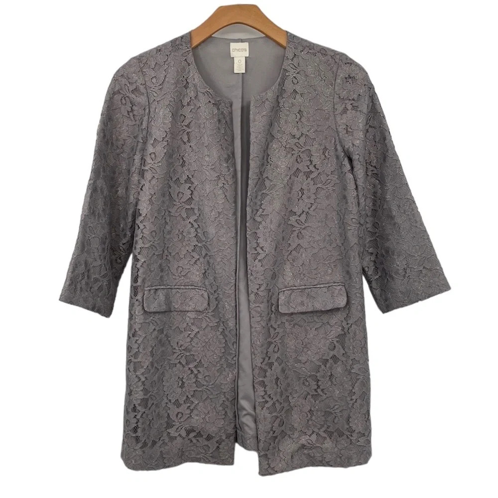 Chico's Cardigan Jacket Longline Womens 0 Small Covert Gray Lace‎ 3/4 Sleeve